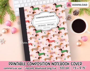 Dachshund Composition Book Cover PNG Digital Download, Christmas Composition Notebook Printable, Weiner Dog, Book Cover Design, Dachshund