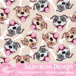 May include: A seamless pattern featuring cartoon dog faces with pink tongues sticking out. The dogs are brown and grey with white markings. The background is a light beige colour with white bone shapes.