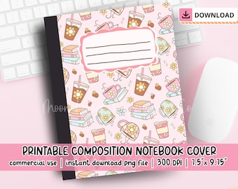 Coffee and Books Composition Book Cover PNG Digital Download, Printable Composition Book Cover Design, Bookish PNG, Cute Notebook Cover