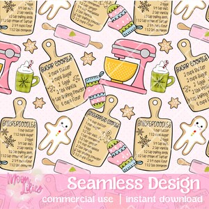 May include: A seamless pattern featuring baking-themed illustrations on a light pink background. Elements include a pink mixer, cutting boards with recipes, gingerbread men, rolling pins, mittens, and mugs. The design is perfect for kitchen decor or crafting projects.
