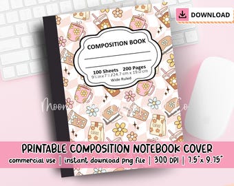 Coffee and Books Composition Book Cover PNG Digital Download, Printable Composition Book Cover Design, Bookish PNG, Cute Notebook Cover