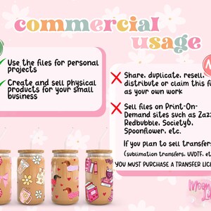 May include: Image showing four glass tumblers with bamboo lids and straws. Each tumbler has a different design, including bows, flowers, and books. Text on the image states commercial usage guidelines, including what is and isn't allowed.