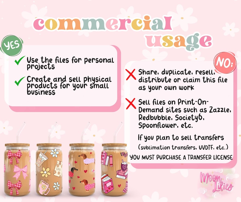 May include: Image showing four glass tumblers with bamboo lids and straws. Each tumbler has a different design, including bows, flowers, and books. Text on the image states commercial usage guidelines, including what is and isn't allowed.