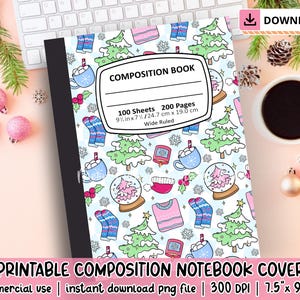 Puede incluir: Un cuaderno de composición de rayas anchas con un patrón de temática invernal. La portada presenta ilustraciones de árboles de Navidad, bolas de nieve, tazas de chocolate caliente y suéteres. El cuaderno mide 24,7 cm x 19,0 cm y tiene 100 hojas.