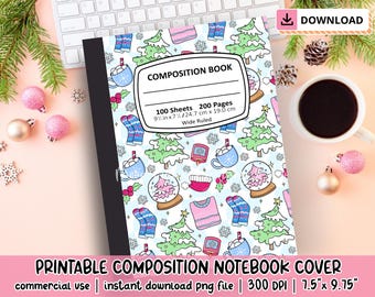 Blaue Weihnachtskomposition Buchcover PNG digitaler Download, druckbare Komposition Buchcover Design, Bücherwurm PNG, Weihnachten Notebook Cover