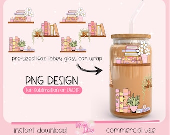 Bookshelf Png Glass Can Wrap, Bookish Glass Tumbler Wrap Digital Download, Book Lovers Cup Wrap Instant Download, Bookish Glass Wrap PNG