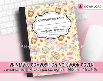 Books and Coffee Composition Book Cover PNG Digital Download, Printable Composition Book Cover Design, Bookish PNG, Cute Notebook Cover
