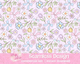 Tulips Seamless Pattern Digital Design Instant Download, Spring Floral Seamless Pattern, Spring Digital Paper, Doodle Flowers Digital