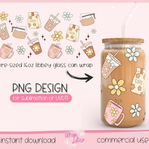 Retro Floral Coffee Mugs Digital PNG Libbey Glass Can Wrap, Retro Coffee Cups Instant Download File, Coffee Mugs Glass Cup Wrap, UVDTF Print