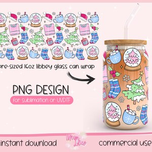 May include: A clear glass can with a wooden lid and a straw, featuring a festive winter design. The design includes snow globes, sweaters, socks, mugs, and Christmas trees. The text says "pre-sized 16oz libbey glass can wrap" and "PNG DESIGN".