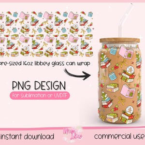 May include: A 473ml glass can wrap featuring a festive Christmas design. The pattern includes books, snow globes, candles, and Christmas trees. The image text reads "PNG DESIGN for sublimation or UVDTF".