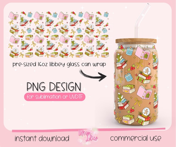 Christmas Books Png Glass Can Wrap, Christmas Bookish Png, Christmas Book 16oz Wraps, Book Lovers Cup Wrap, Christmas Glass Wrap