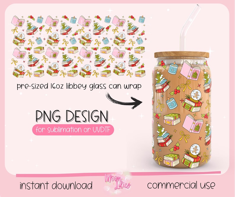 May include: A 473ml glass can wrap featuring a festive Christmas design. The pattern includes books, snow globes, candles, and Christmas trees. The image text reads "PNG DESIGN for sublimation or UVDTF".