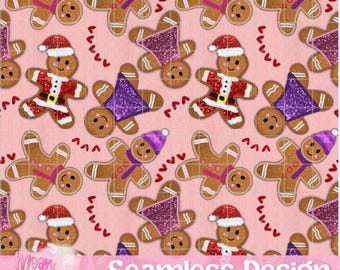 Gingerbread Faux Embroidery Seamless Pattern Digital Design Download, Gingerbread Seamless Pattern,  Gingerbread Girl, faux embroidery png