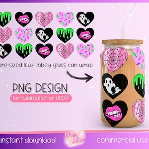 Halloween Heart Png Glass Can Wrap, Halloween Libbey Glass Png, Spooky Season 16oz Wrap, Cute Ghost Glass Can Wrap, Spooky Season Glass Wrap