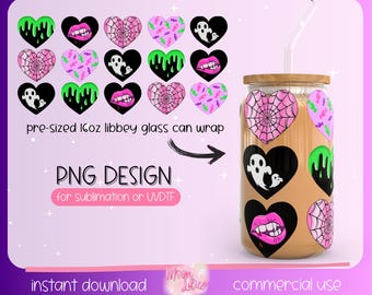 Halloween Heart Png Glass Can Wrap, Halloween Libbey Glass Png, Spooky Season 16oz Wrap, Cute Ghost Glass Can Wrap, Spooky Season Glass Wrap