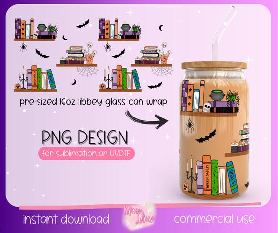 Halloween Bookshelf Png Glass Can Wrap, Halloween Bookish Png, Halloween Bookish 16oz Wraps, Book Lovers Cup Wrap, Spooky Season Glass Wrap