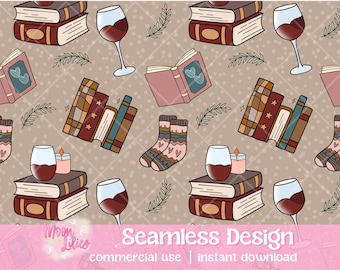 Books and Wine Seamless Pattern Digital Download, Wine and Books Png, Bookish Png, Seamless Bookish Pattern, Book Lover PNG, Wine Glass PNG