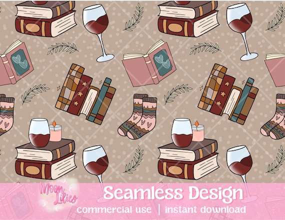 Books and Wine Seamless Pattern Digital Download, Wine and Books Png, Bookish Png, Seamless Bookish Pattern, Book Lover PNG, Wine Glass PNG