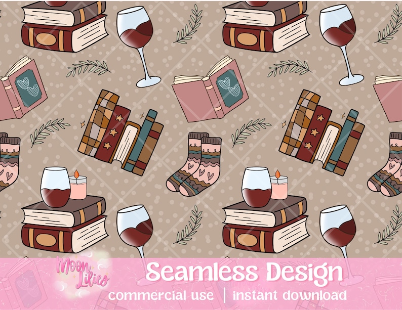 May include: A seamless pattern featuring a cozy winter theme with stacks of books, glasses of red wine, candles, and socks. The background is a light brown with a subtle polka dot pattern.