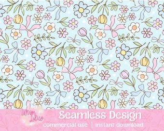Tulips Seamless Pattern Digital Design Instant Download, Spring Floral Seamless Pattern, Spring Digital Paper, Doodle Flowers Digital