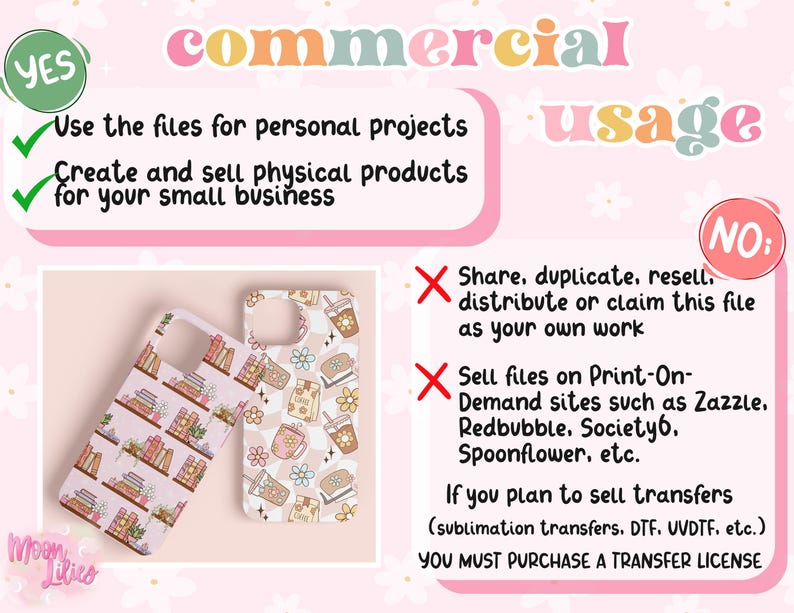 May include: A graphic showing the commercial usage guidelines for digital files. The graphic shows two phone cases with different designs. The text says "YES" for personal projects and selling physical products and "NO" for sharing, duplicating, reselling, distributing, or claiming the file as your own work, selling files on print-on-demand sites, and selling transfers without a license.
