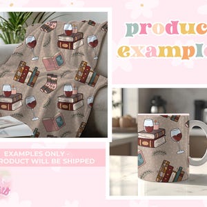 May include: A brown fleece blanket with a repeating pattern of wine glasses, books, and candles. The pattern is on a beige background with brown outlines. The text "product examples" is in the upper right corner of the image.