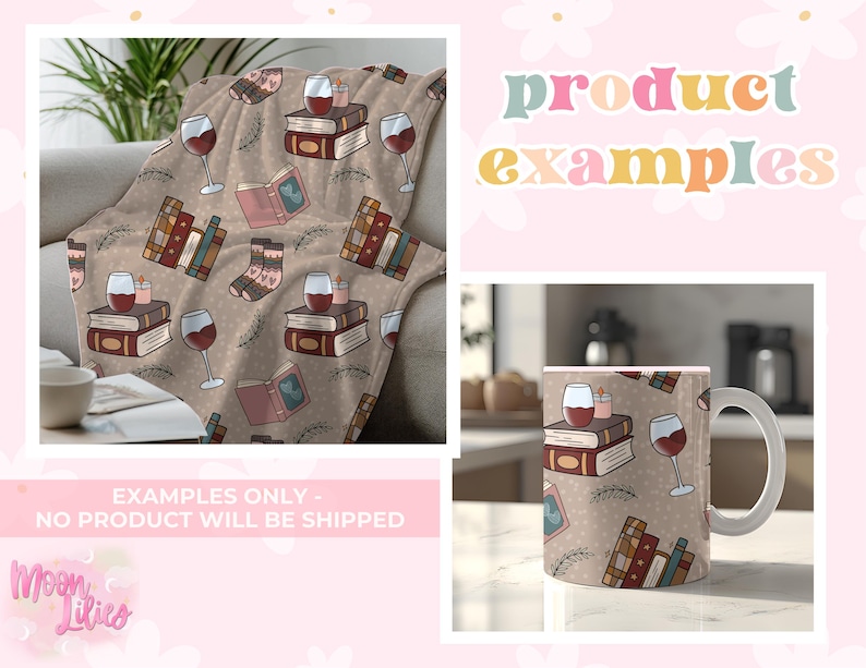 May include: A brown fleece blanket with a repeating pattern of wine glasses, books, and candles. The pattern is on a beige background with brown outlines. The text "product examples" is in the upper right corner of the image.