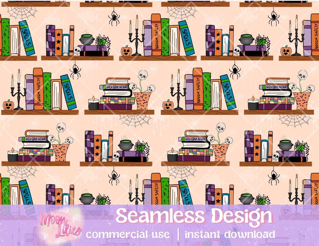 Halloween Bookshelf Seamless Pattern Digital Download, Spooky Bookshelf ...