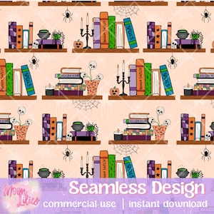 May include: Seamless pattern featuring bookshelves with Halloween-themed decorations. The shelves hold books labeled "Spells," "Broom Safety," and "Hex Education." Other elements include pumpkins, candles, cauldrons, skulls, spiders, and spiderwebs. The design includes the text "Seamless Design."