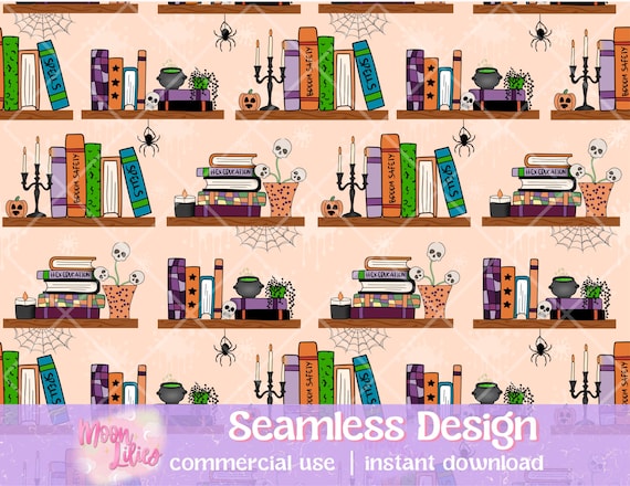 Halloween Bookshelf Seamless Pattern Digital Download, Spooky Bookshelf, Bookish Seamless File, Seamless Bookish Pattern, Book Lover Pngs