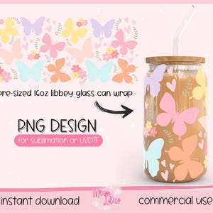 Puede incluir: Un diseño de envoltura de lata de vidrio de 16 oz predimensionado con mariposas y corazones coloridos. El diseño es perfecto para la sublimación o la impresión UV. La imagen incluye el texto "pre-sized 16oz libbey glass can wrap", "PNG DESIGN for sublimation or UVDIF", "instant download", "Moon Lilies", y "commercial use".