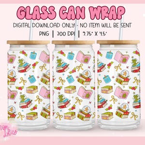 May include: Three glass can wraps with bamboo lids and straws. The wraps display a repeating pattern of Christmas illustrations, including books, snow globes, and Christmas trees. The text "GLASS CAN WRAP" is at the top.