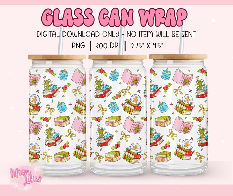 May include: Three glass can wraps with bamboo lids and straws. The wraps display a repeating pattern of Christmas illustrations, including books, snow globes, and Christmas trees. The text "GLASS CAN WRAP" is at the top.