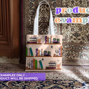 May include: A beige tote bag featuring a bookshelf design with books, spiders, and candles. The bag has white handles and the text "product example" in orange and purple. The bottom of the bag has the text "EXAMPLES ONLY - NO PRODUCT WILL BE SHIPPED".