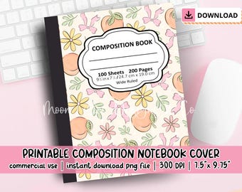 Peachy PNG Composition Book Cover PNG Digital Download Coquette Png Printable Composition Book Cover Designs Cute Notebook Cover Bows