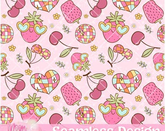 Retro Strawberry Seamless Pattern Digital Download, Cute Summer Seamless, Fruit Png, Seamless Fabric Design, Spring Png, Groovy Pattern PNG