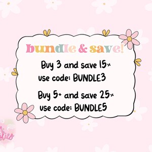 May include: A pink and white graphic with a colorful banner that says "bundle & save!" with text below that says "Buy 3 and save 15% use code: BUNDLE3" and "Buy 5+ and save 25% use code: BUNDLES".