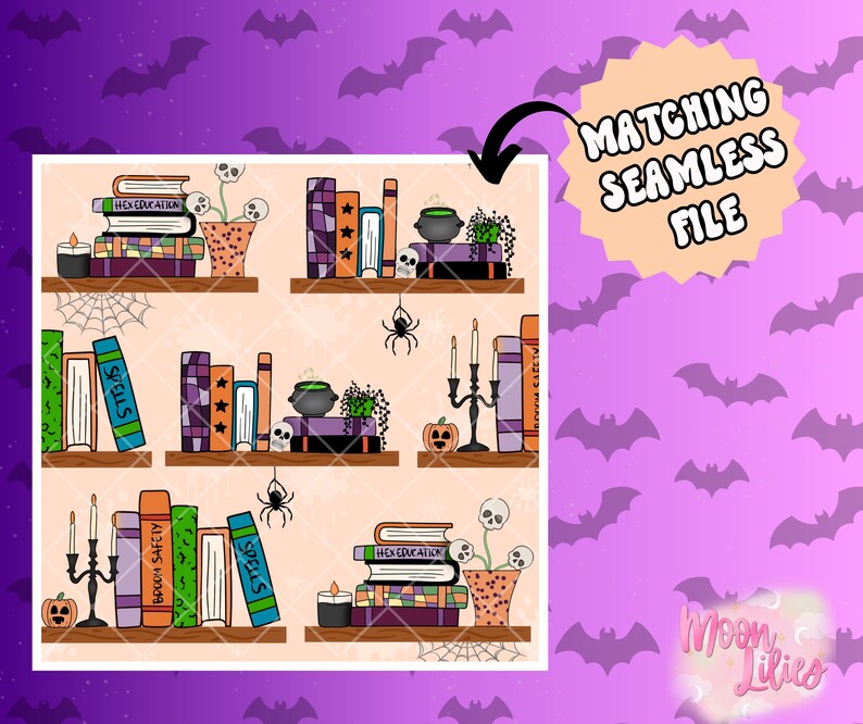May include: A digital illustration of a repeating pattern featuring bookshelves with books, candles, pumpkins, spiders, and skulls. The books have titles like "Spells" and "Hex Education". The image includes the text "Matching Seamless File".