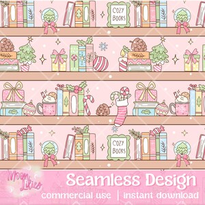 Può includere: Motivo senza cuciture con scaffali pieni di libri, regali e decorazioni natalizie. Il design include bastoncini di zucchero, alberi di Natale e palle di neve, il tutto in colori pastello. Il testo "COZY BOOKS" è visibile su alcuni libri.