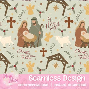 May include: Seamless Christmas design featuring illustrations of the Nativity scene, including Mary, Joseph, baby Jesus, angels, crosses, and stars. The words "O Holy Night" and "Christ our Savior is born" are also included. The design is on a light green background.