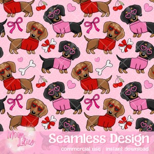 May include: A seamless pattern featuring dachshund dogs wearing red and pink sweaters with heart-shaped sunglasses. The background is pink with white polka dots, hearts, bows, bones, and cherries.