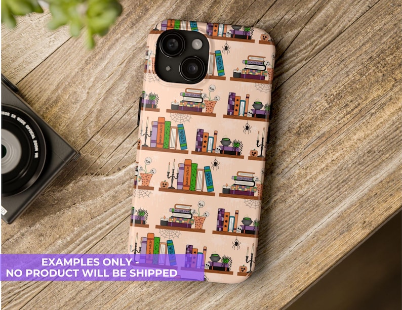 May include: A phone case with a repeating pattern of bookshelves, books, spiders, and pumpkins. The books are in various colors, and the shelves have small potted plants and candles. The case is peach-colored.