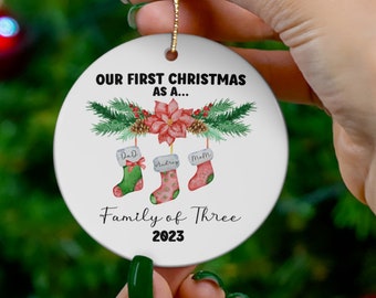 our first christmas as a family of 3, Personalized our 1st christmas as a family of 3, custom first place ornament, personalized ornament