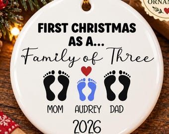 Custom Family of 3 Christmas Ornament, First Christmas baby boy, Personalized Baby Keepsake 2026, New Parents Gift 2026, family ornament