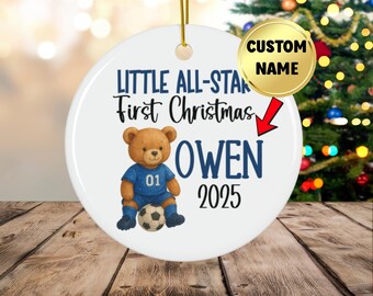 Custom Baby boy first christmas ornament 2025 keepsake, Personalized baby boy first christmas orament, custom soccer first christmas