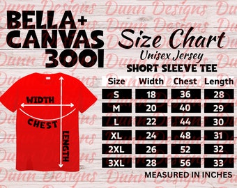 Bella Canvas 3001 Unisex Shirt size chart, Bella Canvas 3001 red shirt size chart, 3001 canvas size chart, Digital size chart bella canvas