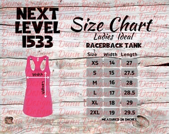 Könnte beinhalten: Größentabelle für ein Racerback-Tanktop mit den Maßen in Zoll für Breite und Länge. Die Tabelle umfasst die Größen XS, S, M, L, XL und 2XL.