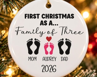 Custom Family of 3 Christmas Ornament, First Christmas baby girl, Personalized Baby Keepsake 2026, New Parents Gift 2026, family ornament