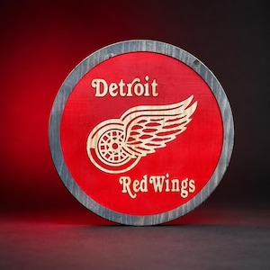 Letrero de madera de los Detroit Red Wings, decoración de pared de hockey, regalo hecho a mano para fanáticos de los deportes de Michigan.